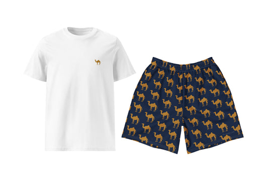 White t-shirt with a small logo and navy shorts with camel pattern on a white background