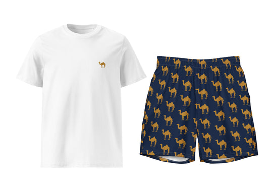 White t-shirt with a camel print and navy shorts with camel pattern on a white background