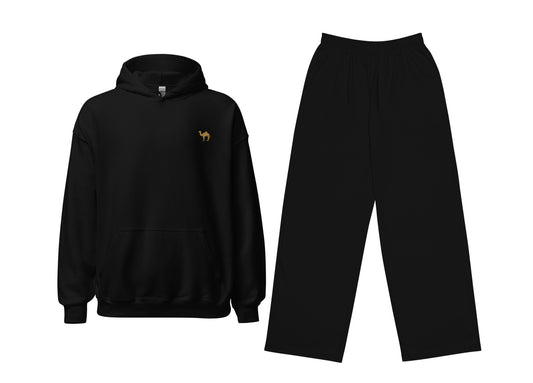 Black hoodie and pants set with a small small on the hoodie against a white background