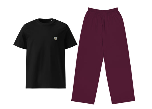 Black t-shirt and maroon pants on a white background