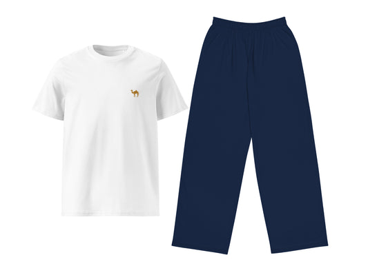 White t-shirt with a small camel and navy pants on a white background