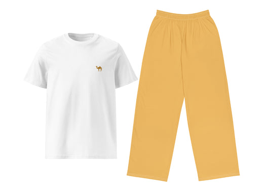 White t-shirt with a small camel and yellow pants on a white background