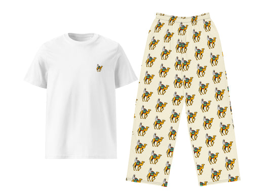 White t-shirt with a small camel rider print and patterned pants on a white background