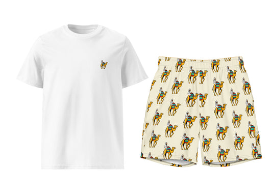 White t-shirt with a small camel rider and patterned shorts on a white background