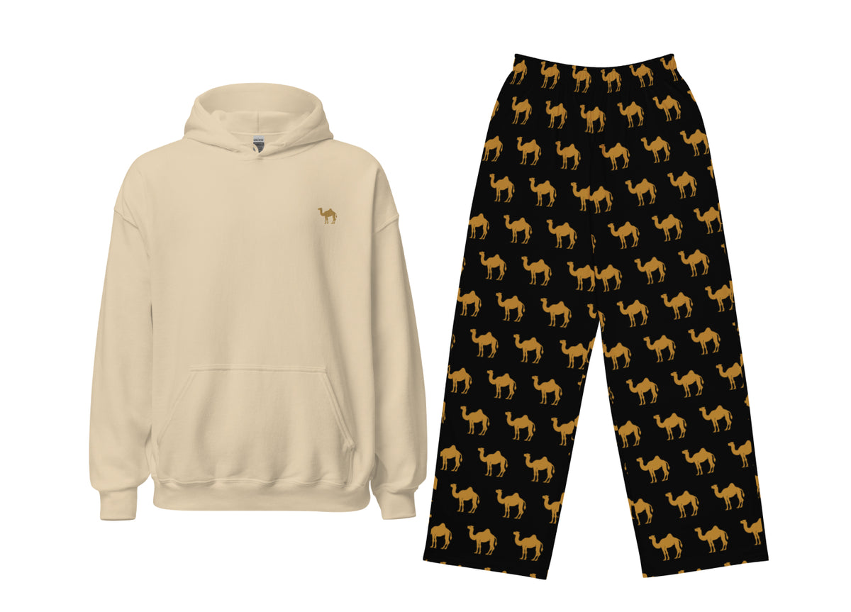 Beige hoodie and black pants with camel pattern on a white background