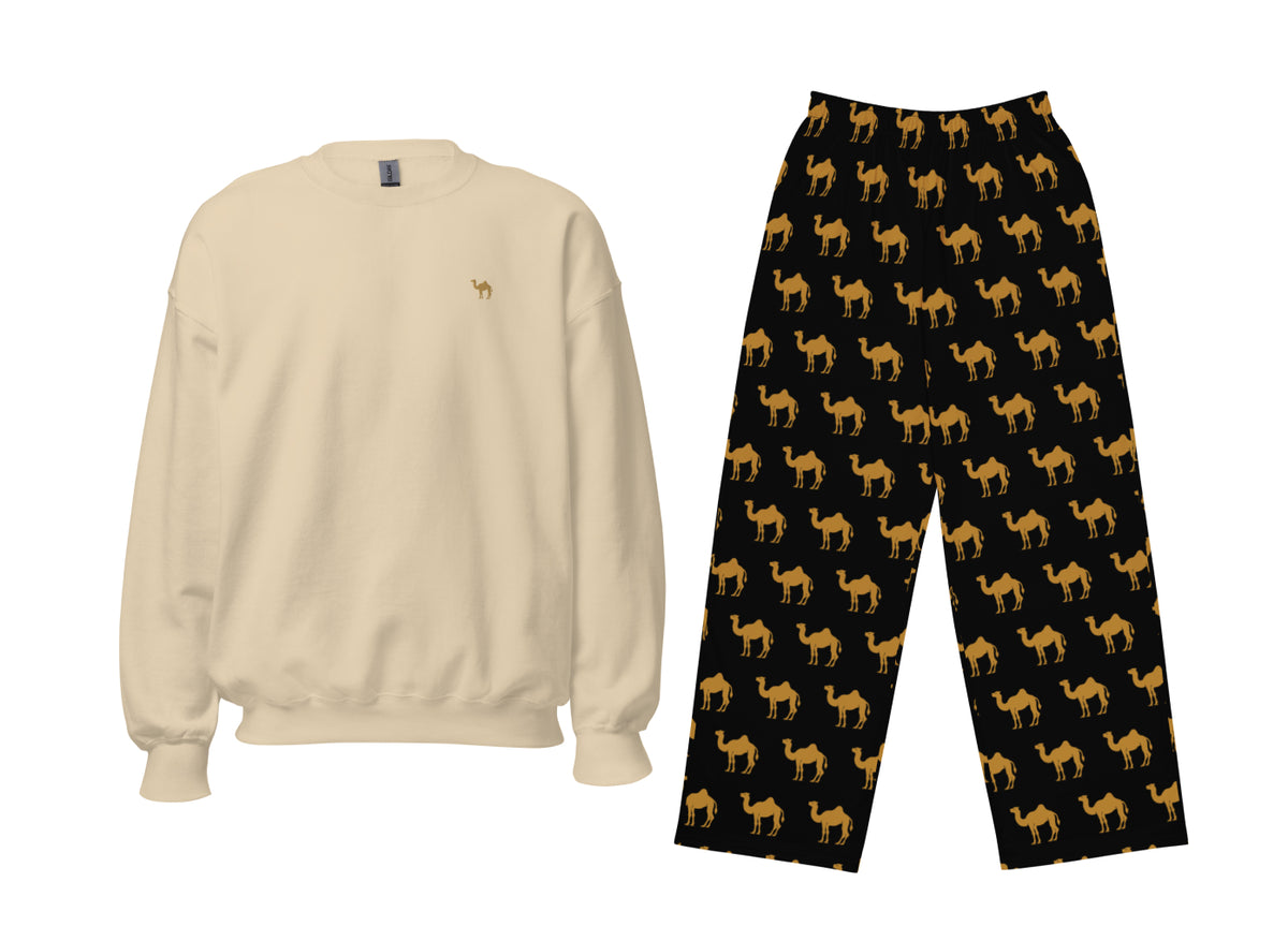 Beige sweatshirt and black pants with camel pattern on a white background