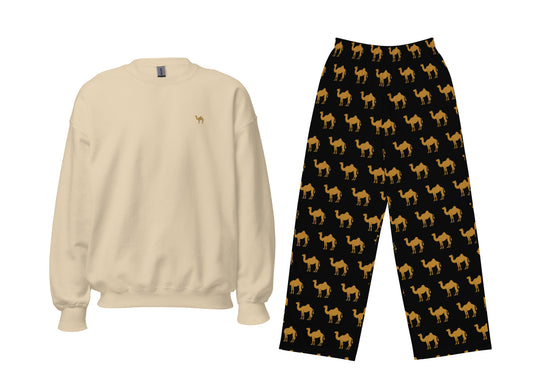 Beige sweatshirt and black pants with camel pattern on a white background