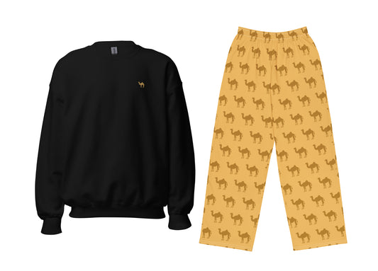Black sweatshirt and yellow pants with camel pattern on a white background