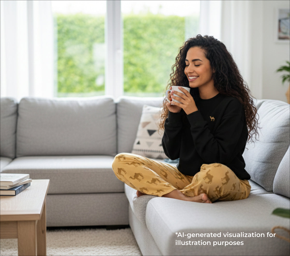Woman sitting on a couch holding a mug in a living room.