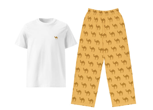 White t-shirt with a logo and yellow pants with camel pattern on a white background