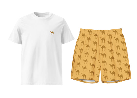 White t-shirt with a small camel print and yellow shorts with camel pattern on a white background