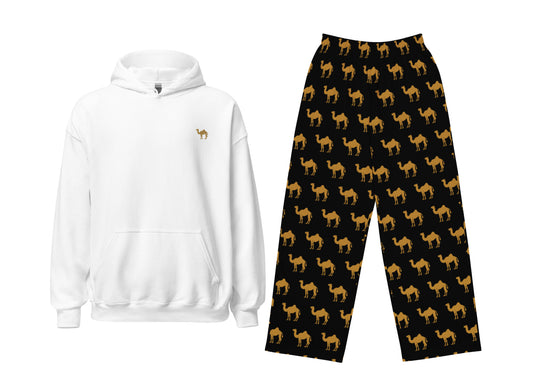 White hoodie and black pants with camel pattern on a white background