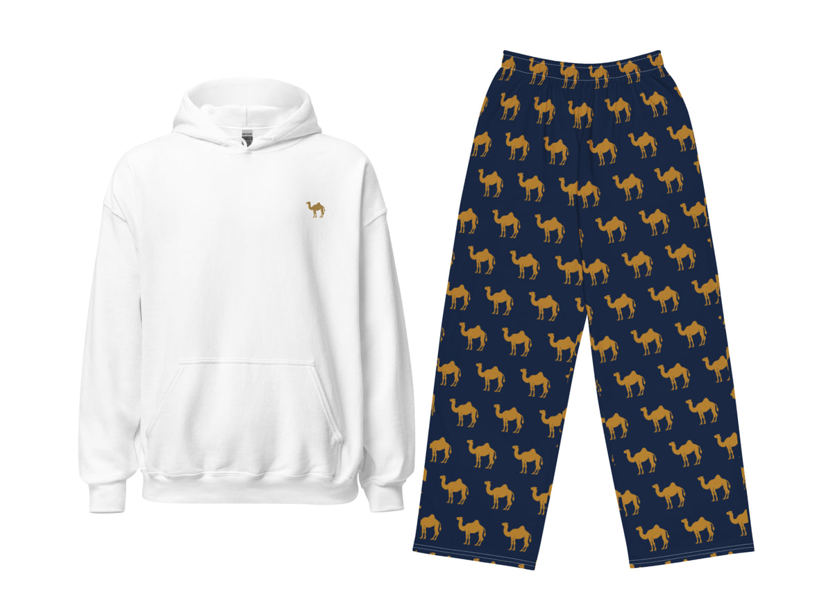 White hoodie and navy pants with camel pattern on a white background