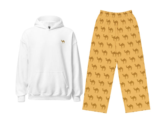 White hoodie and yellow pants with camel pattern on a white background