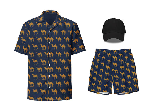 A set of navy-colored clothing items with a camel pattern, including a button shirt, swim trunks, and a hat.