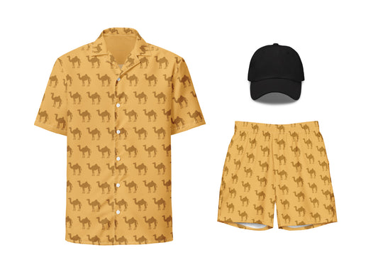A set of apparel featuring a camel pattern, including a short-sleeved button shirt, long swim trunks, and a black embroidered dad hat.