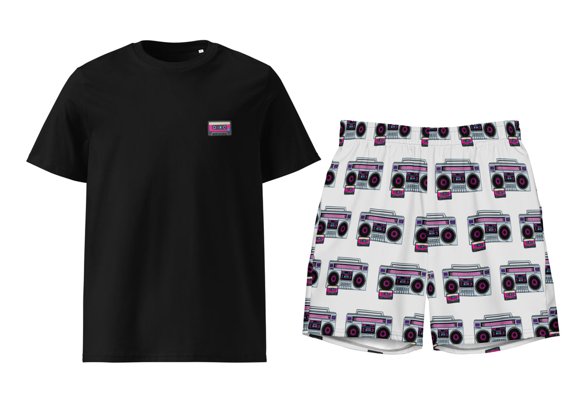 Black t-shirt and white shorts with radio cassette pattern on a white background