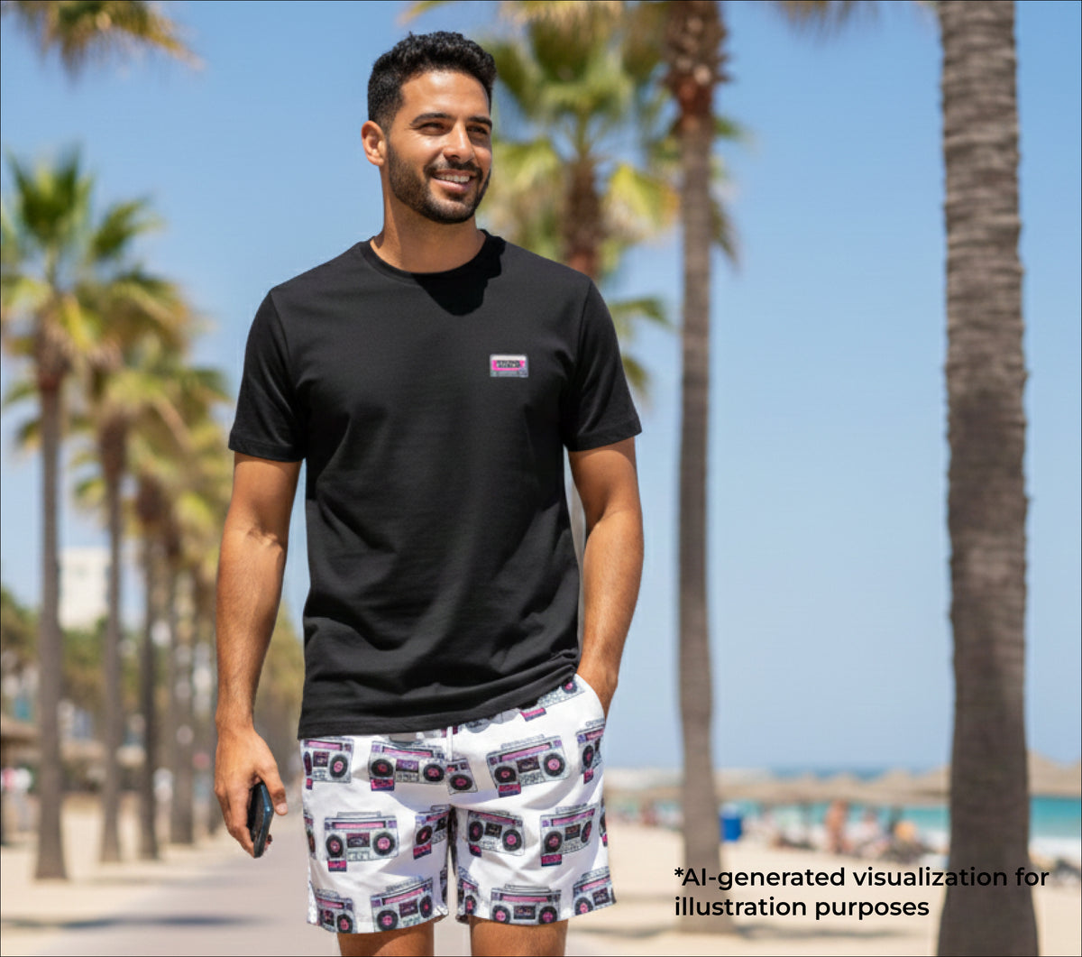 Man wearing a black t-shirt and patterned shorts walking along a beach with palm trees in the background.