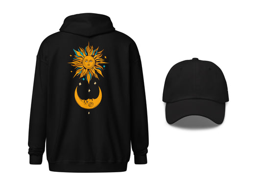 Black Zip hoodie with a celestial design on the back and a black dad hat.