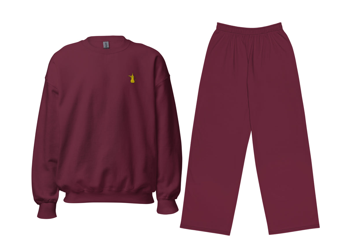 Maroon sweatshirt and pants set with a small yellow dallat gahwa on a white background