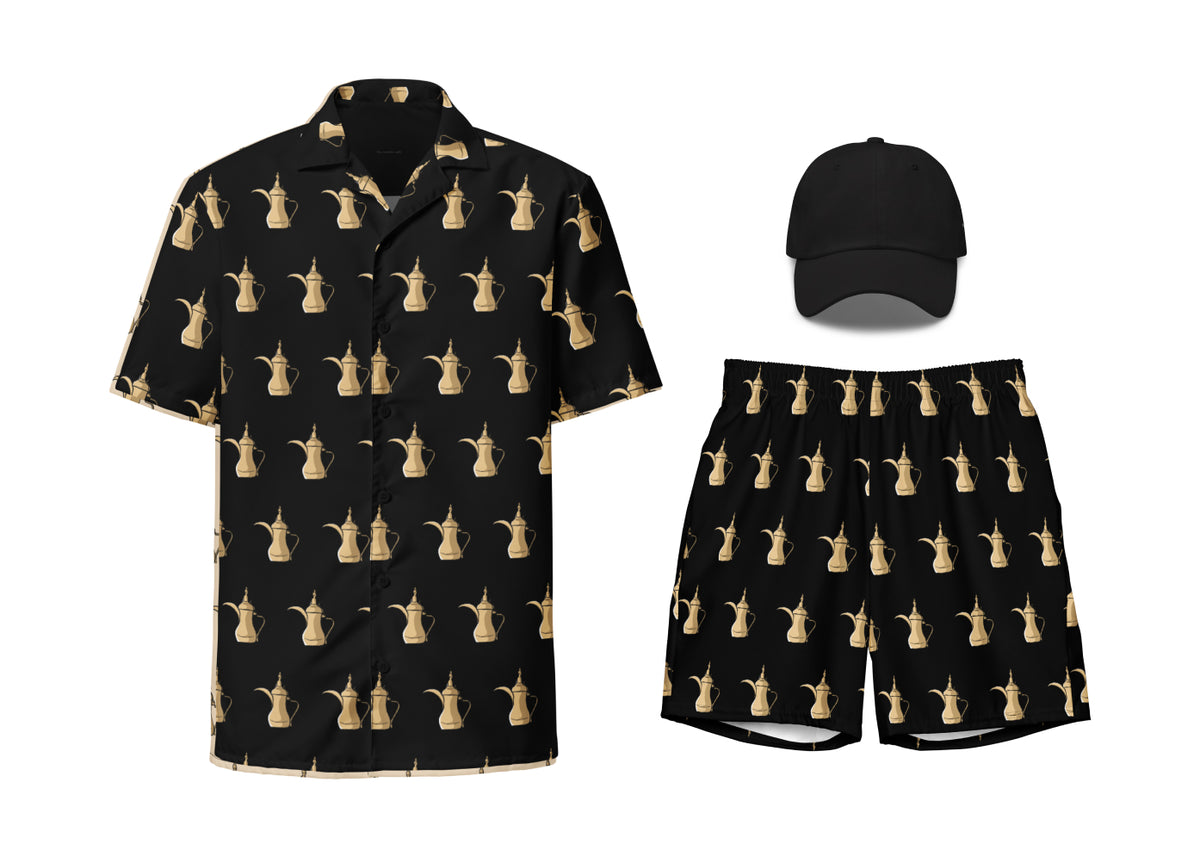 A set of black apparel featuring a pattern of dallat gahwa, including a unisex button shirt, swim trunks, and an embroidered dad hat.