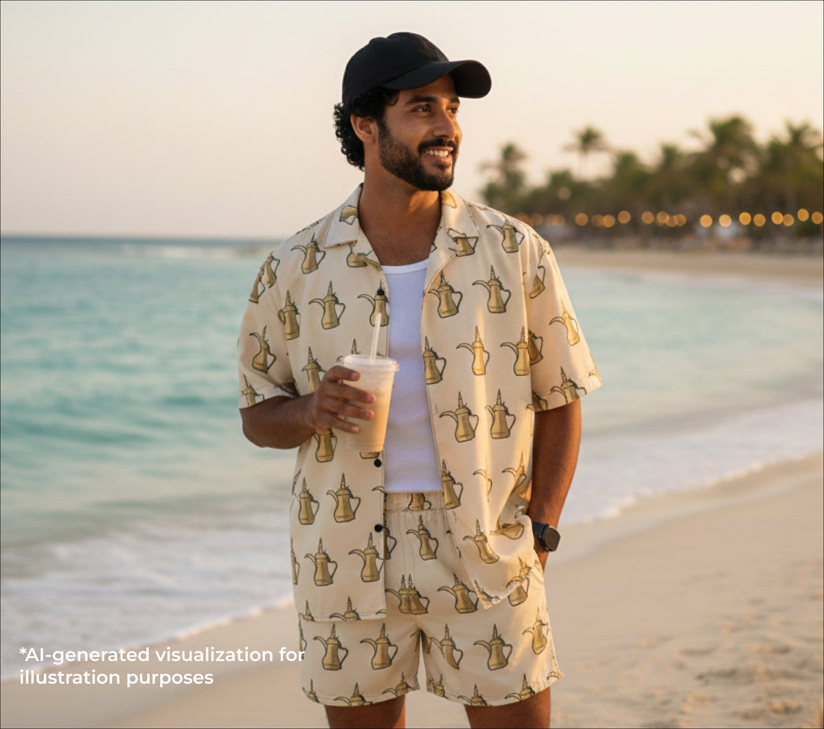 Man in a dallat gahwa patterned shirt and shorts standing on a beach, holding a drink.