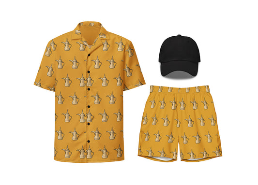 Yellow shirt, shorts, and black cap with dallat gahwa pattern on a white background