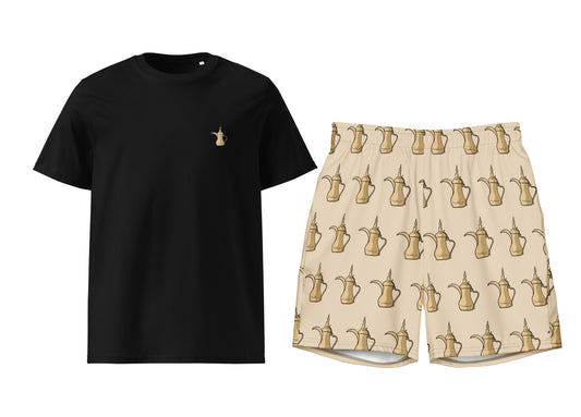 Black t-shirt and beige shorts with dallat gahwa pattern on a white background