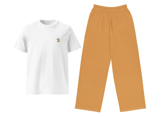 White t-shirt with a small dalla print and light brown pants on a white background