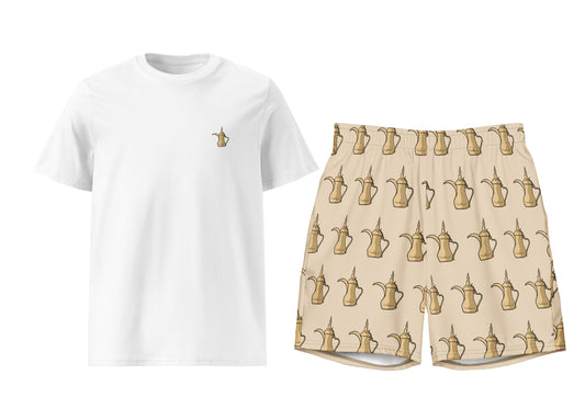 White t-shirt with a small dallat gahwa print and beige shorts with dallat gahwa pattern on a white background