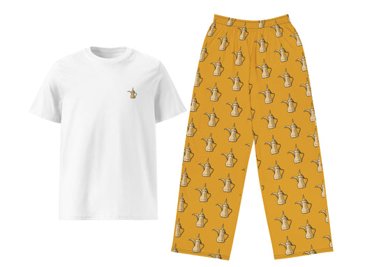 White t-shirt and yellow pants with teapot pattern on a white background
