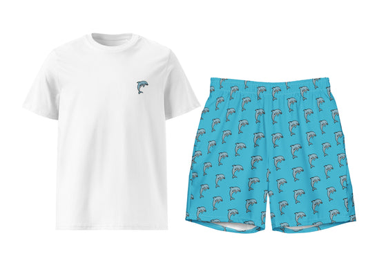 White t-shirt with a dolphin design and blue shorts with dolphin pattern on a white background