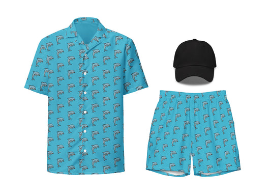 A set of blue clothing items with a dolphin pattern, including a button-up shirt, swim trunks, and a black dad hat.