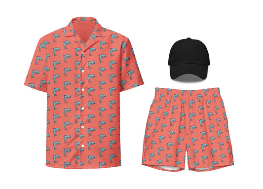 A set of clothing featuring a dolphin pattern, including a button-up shirt, swim trunks, and a black dad hat.