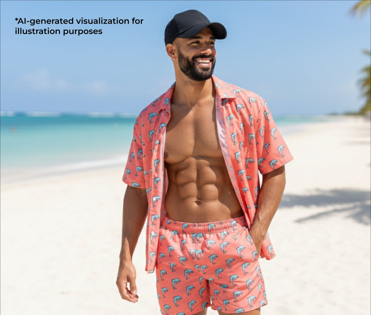 Man wearing a matching pink swim set with a dolphin pattern on a beach.
