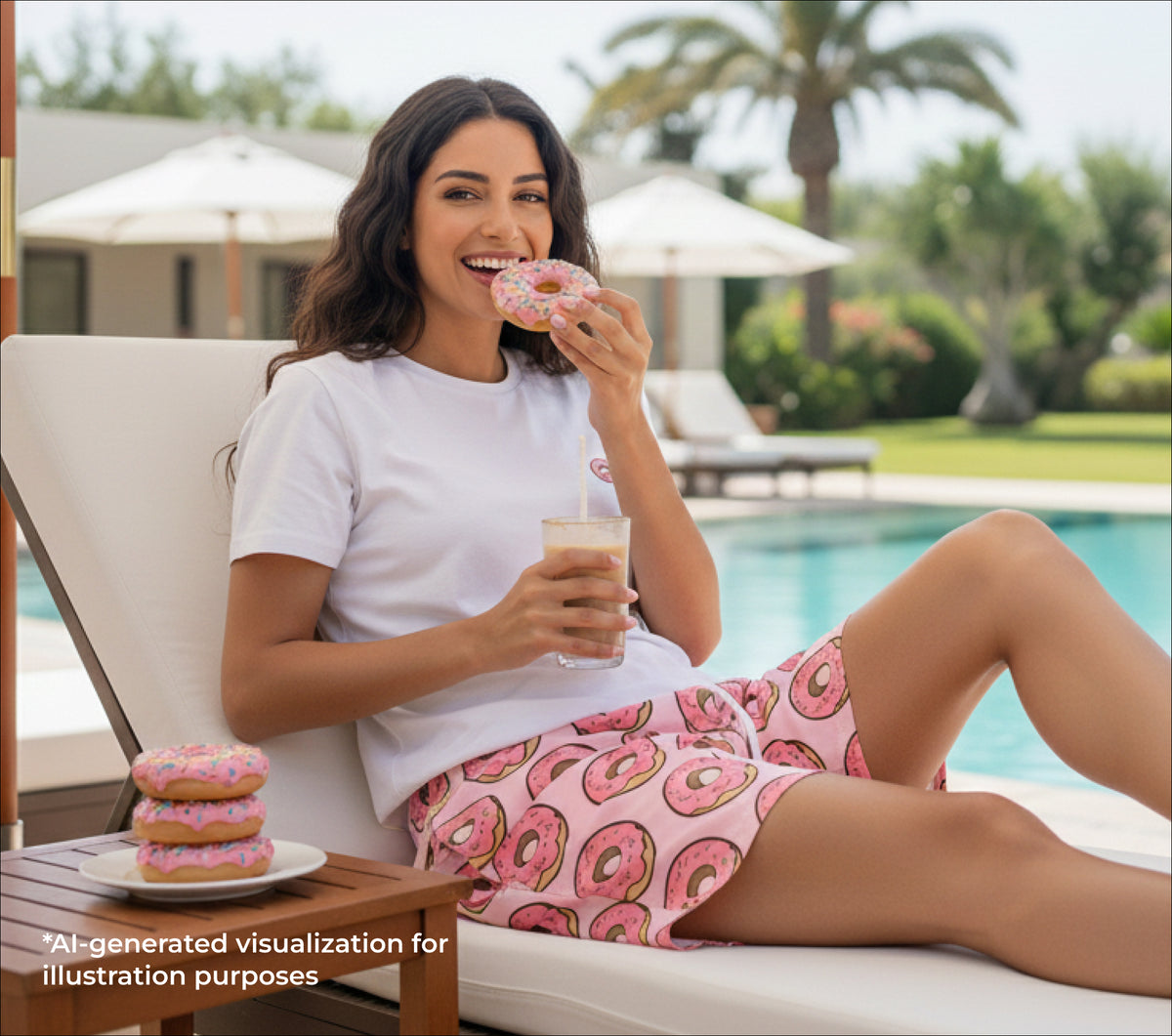 Woman in pink donut shorts and white shirt sitting by a pool, eating a donut.
