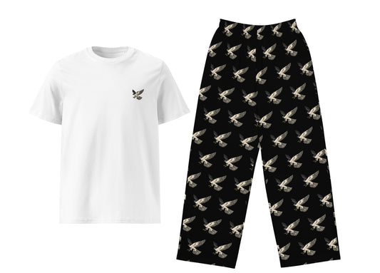 White t-shirt with a small falcon and black pants with falcon pattern on a white background