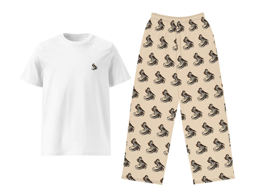 White t-shirt with a small logo and beige pants with Falcon pattern on a white background