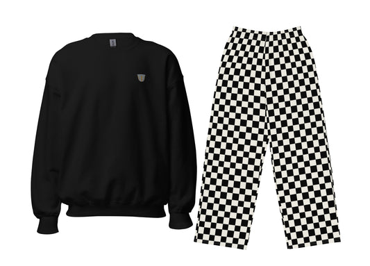 Small Embroidered Finjan Black sweatshirt and checkered pants on a white background