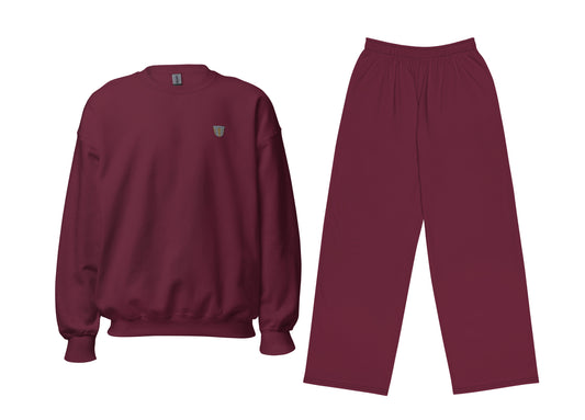 Maroon sweatshirt and pants set on a white background