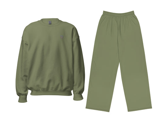 Green sweatshirt and pants set on a white background