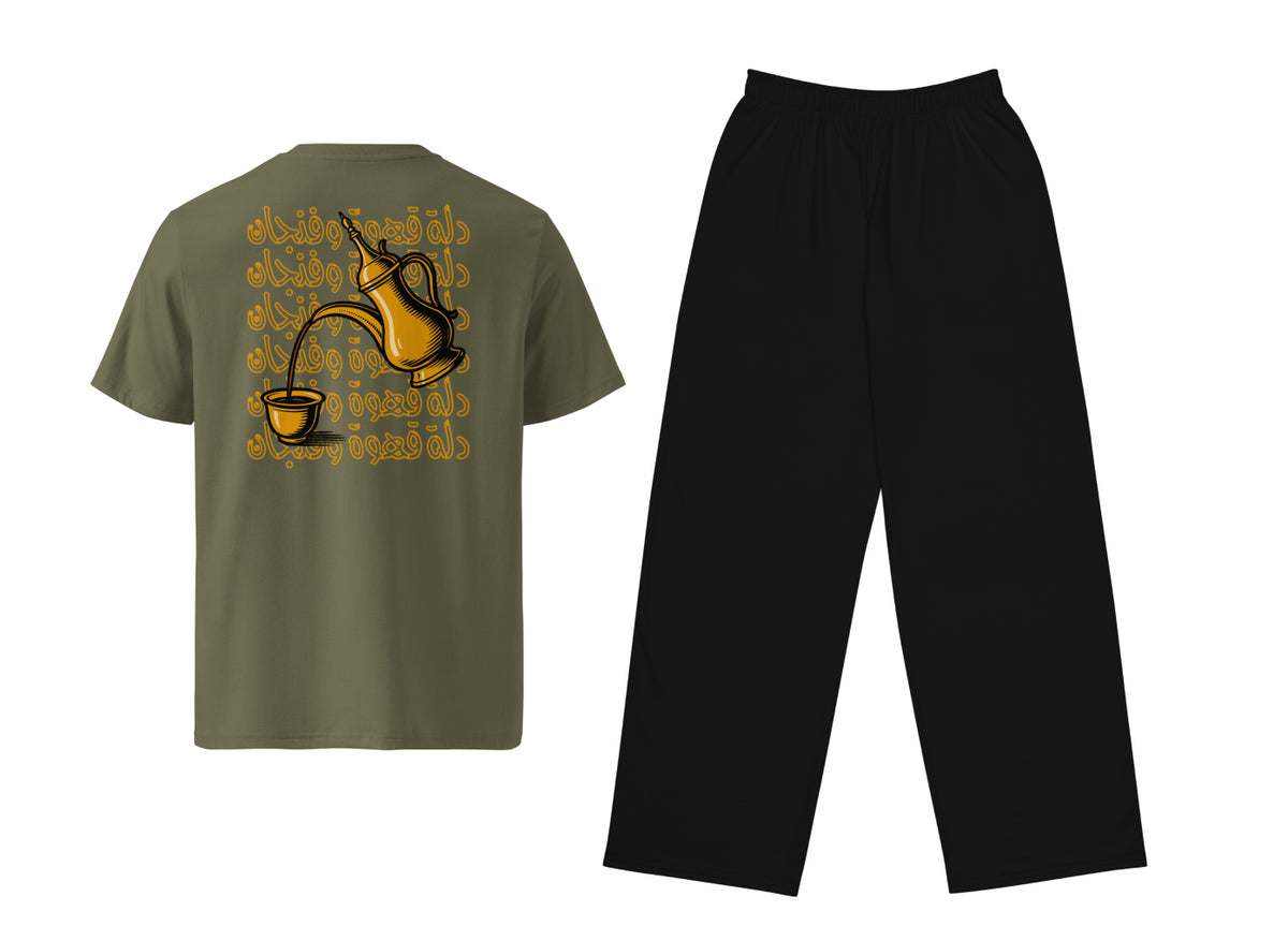 Khaki t-shirt with dallah & gahwa print on the back paired with black pants on a white background