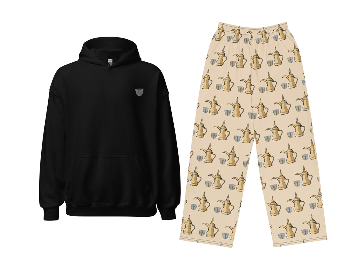 Black hoodie and beige pants with dallat and finjan pattern on a white background
