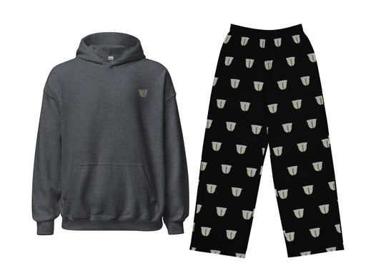 Gray hoodie and black pants with finjan patterns on a white background