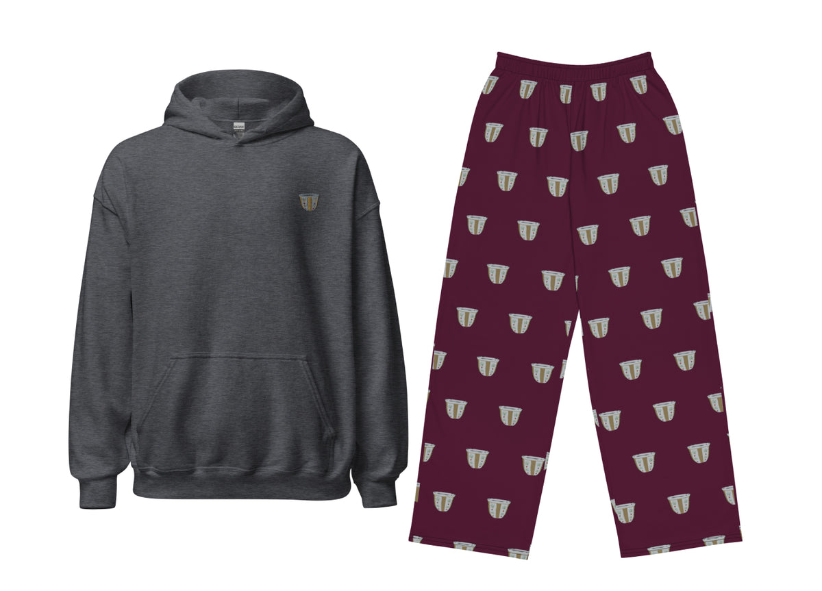 Gray hoodie and maroon pants with finjan pattern on a white background