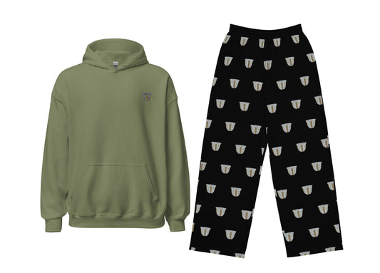 Green hoodie and black pants with finjan pattern on a white background