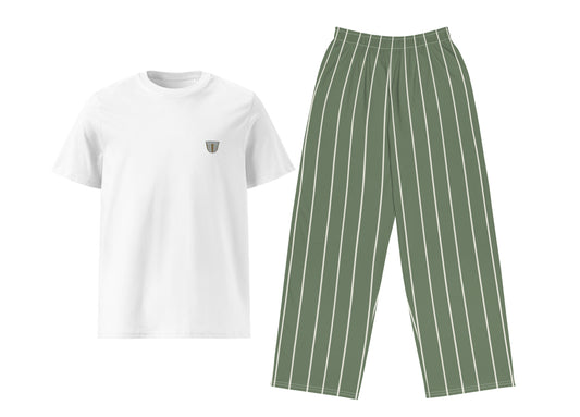 White t-shirt with a small finjan and green pinstripe pants on a white background
