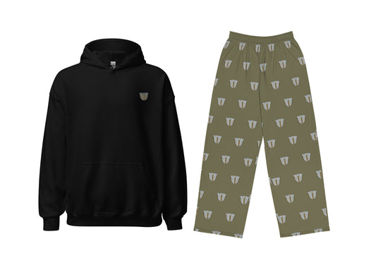 A set of clothing featuring a black hoodie and khaki pants with a repeated pattern of finjan.