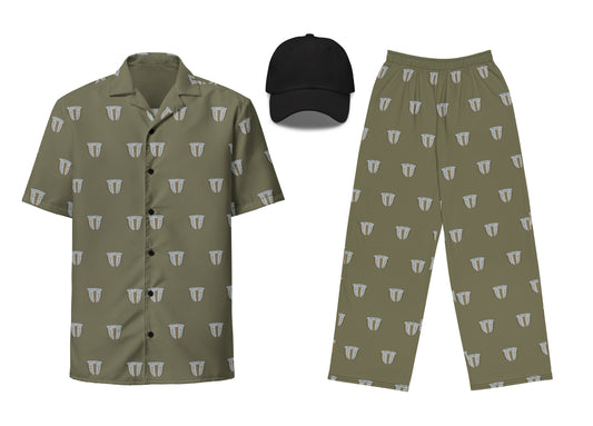 A set of apparel including a unisex button shirt, wide-leg pants, and a dad hat, all in a khaki color with a finjan pattern.