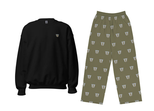 Black sweatshirt and green patterned pants on a white background